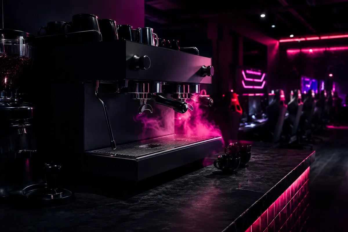 Barra de café de especialidad con maquina espresso liberando vapor bajo luz magenta