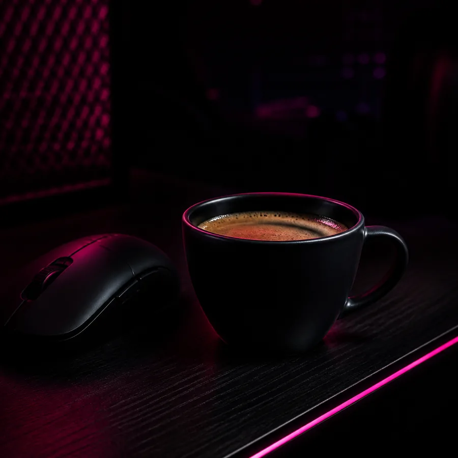 Mouse gaming junto a una taza de café negro sobre escritorio con borde de luz magenta