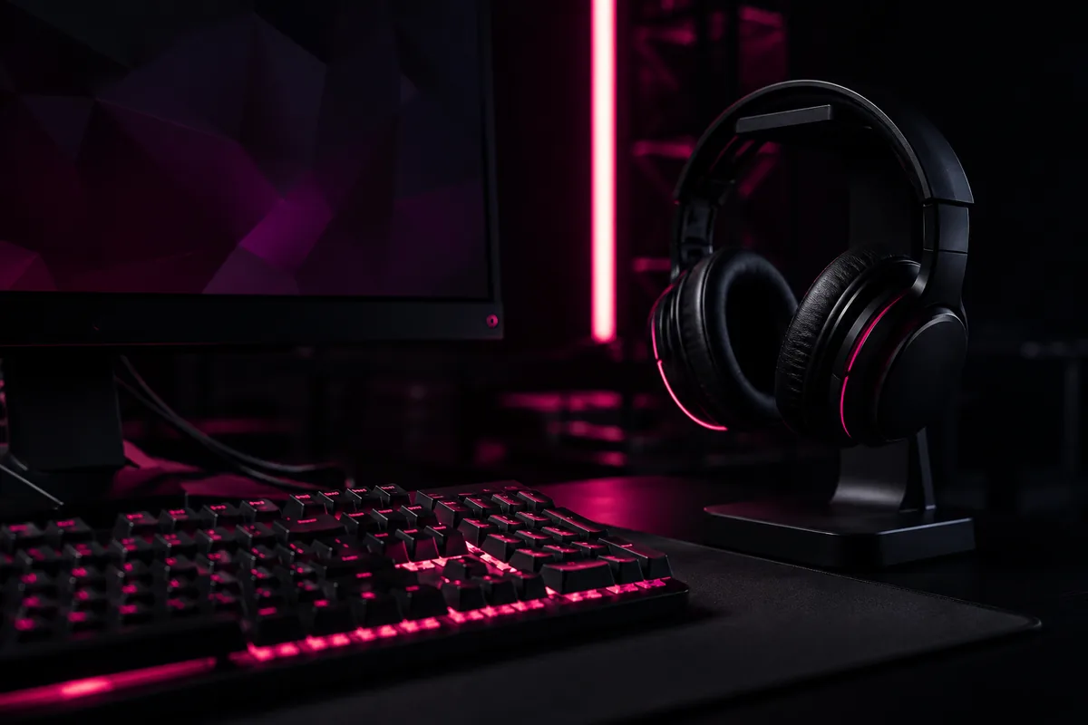 Estación gaming con teclado mecánico retroiluminado en magenta y auriculares sobre soporte