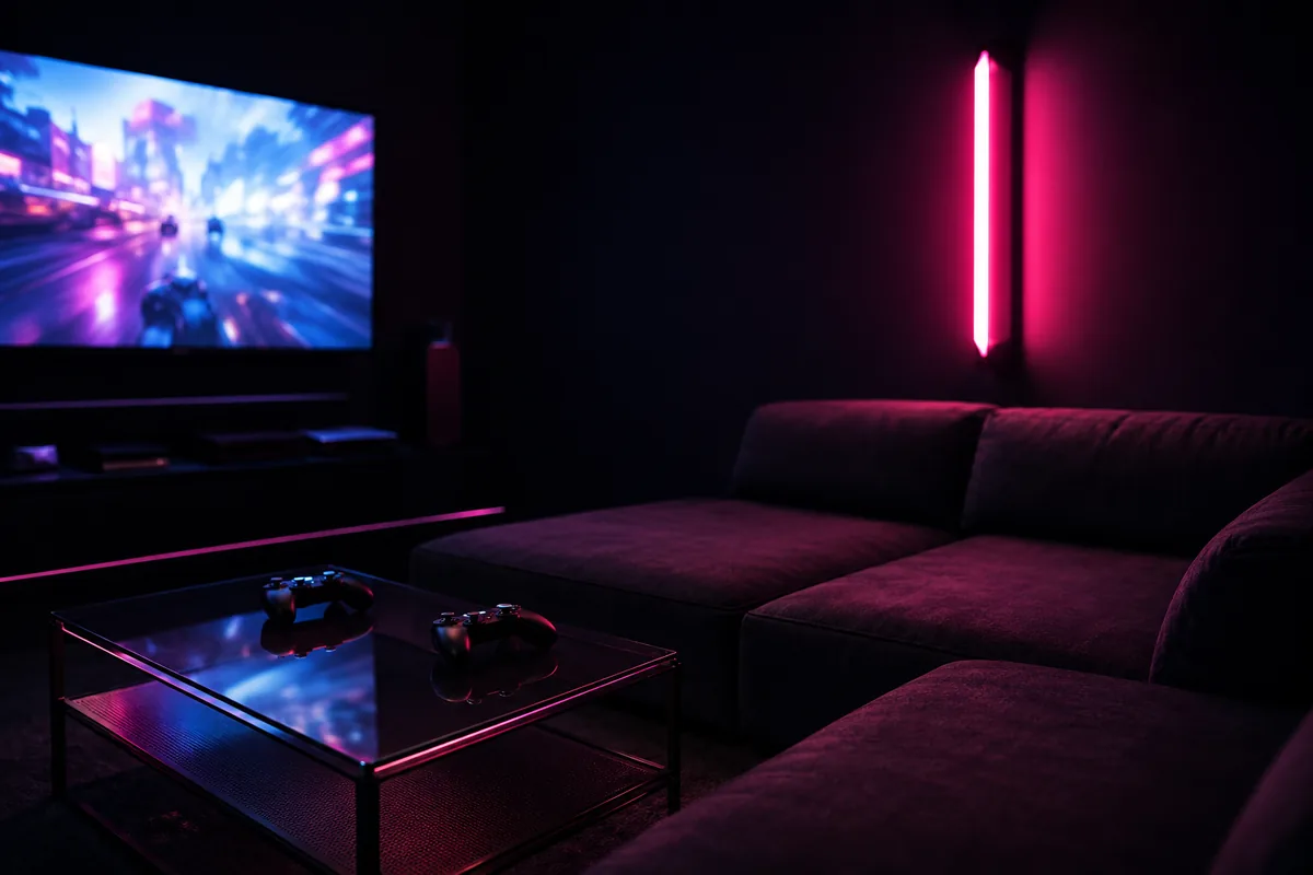 Lounge de consolas con sillon en penumbra y tira de luz neon magenta